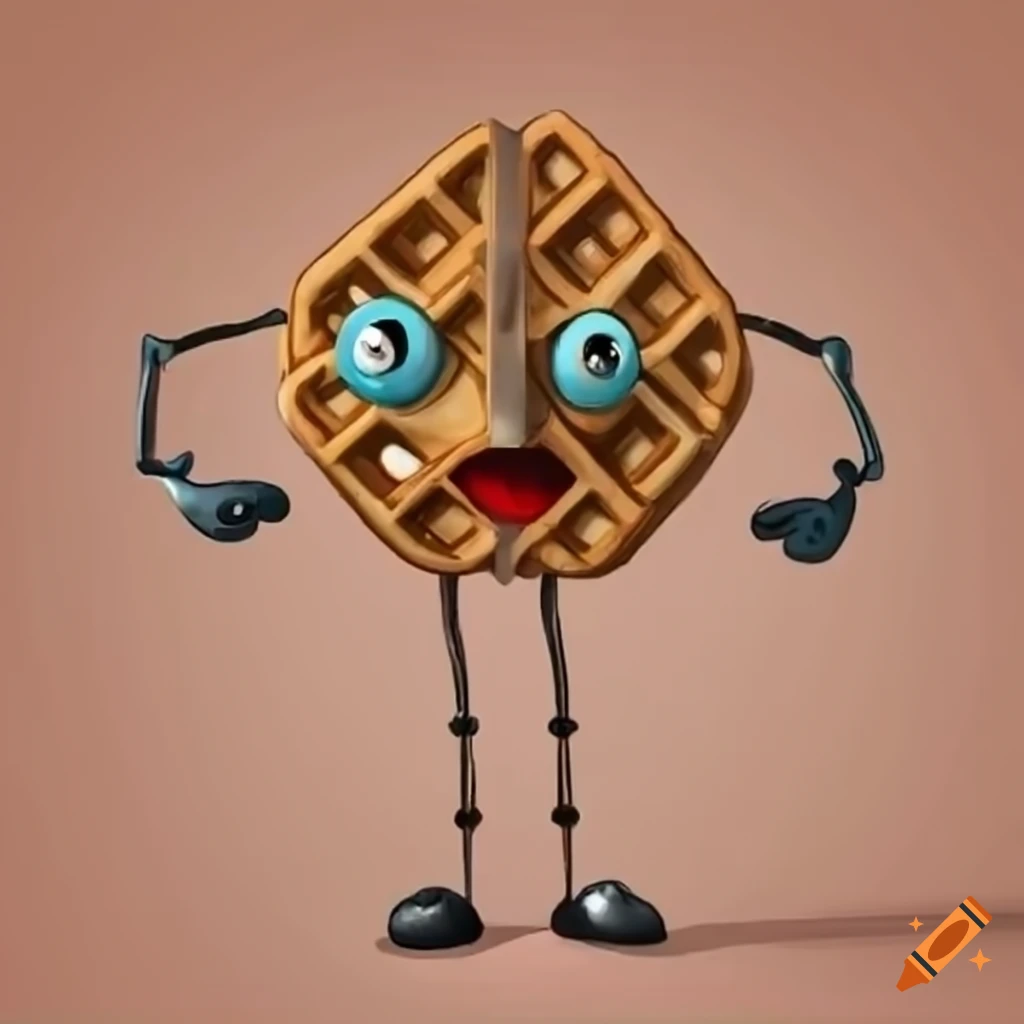 Cartoon human-sized waffle with large metal arms, legs, and eyes