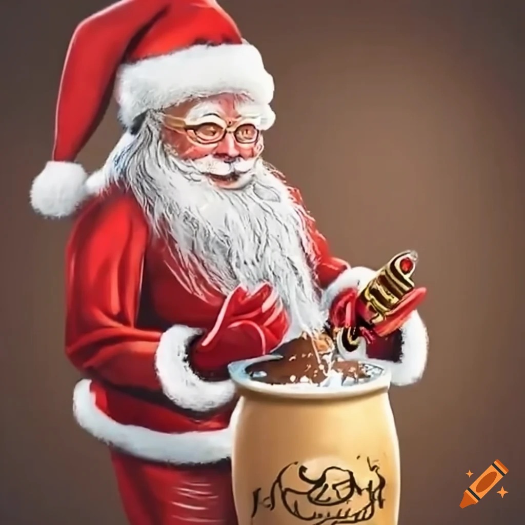 Santa claus eating nutella in a christmasthemed pub on Craiyon