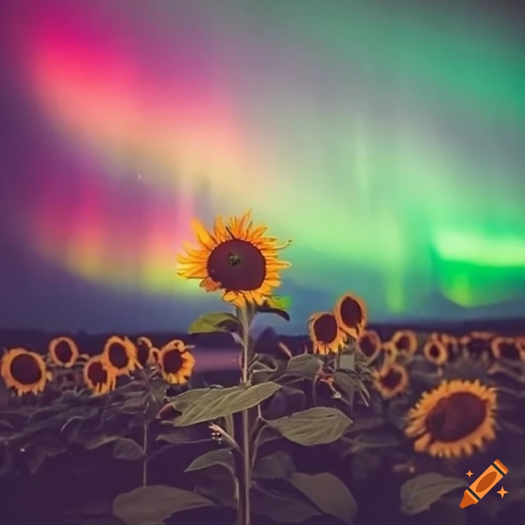 Sunflower field under the northern lights in a vintage photograph