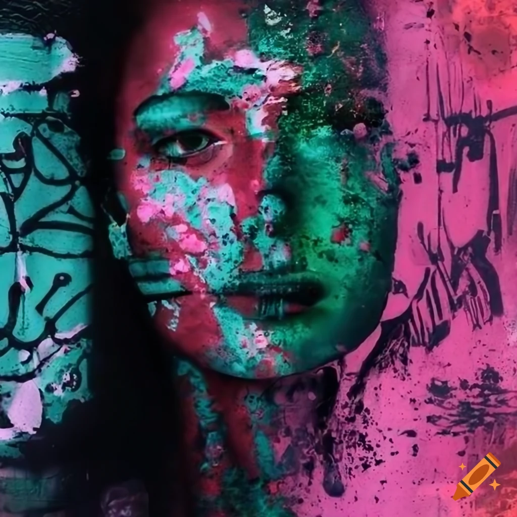 Graffiti and grunge wall with unique posters and vogue models on Craiyon