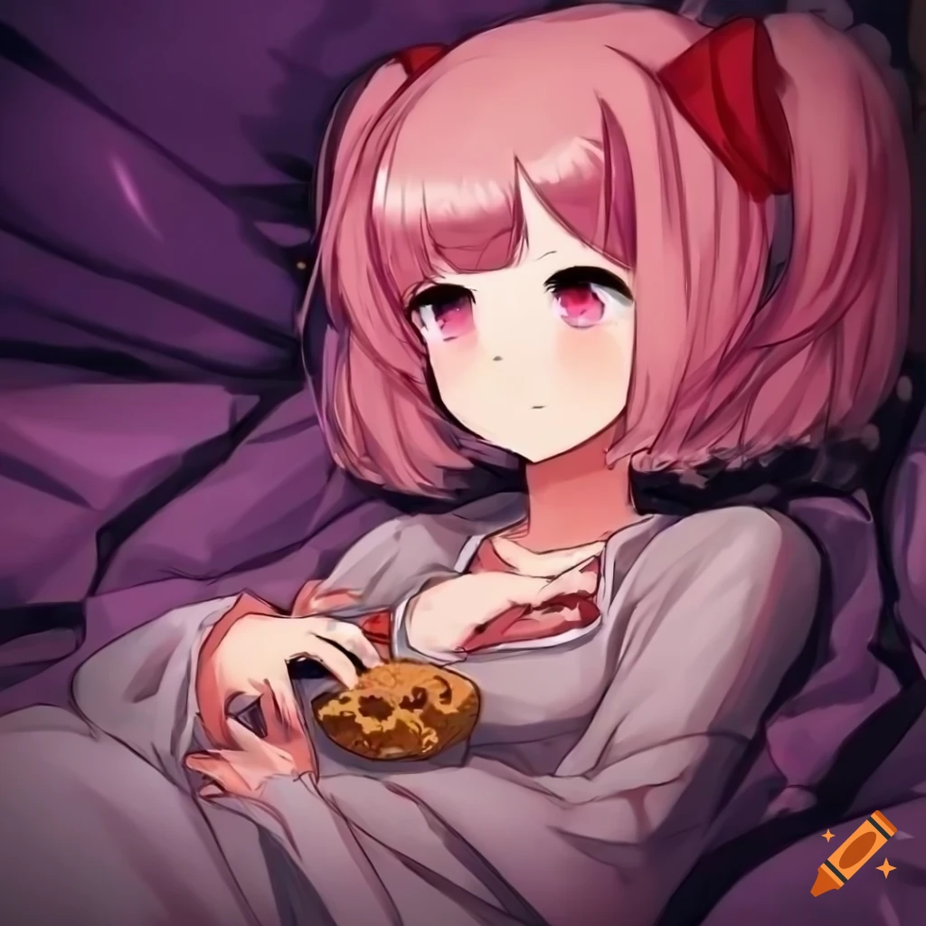 Natsuki in pink pajamas biting into a cookie while laying in bed