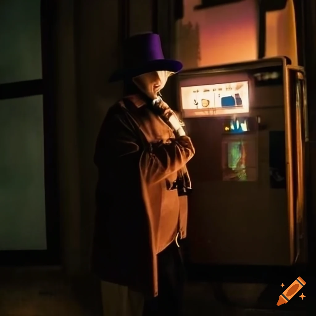Man with hat and coat standing in front of a time machine on Craiyon