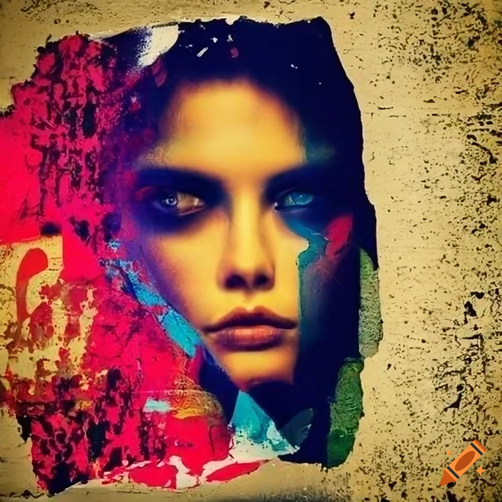 Graffiti and grunge wall with unique posters and vogue models on Craiyon