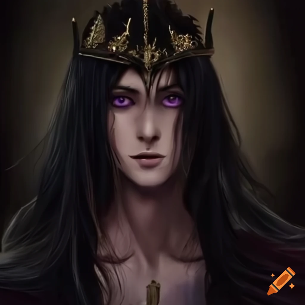 Young adult king with long black hair and purple eyes on Craiyon