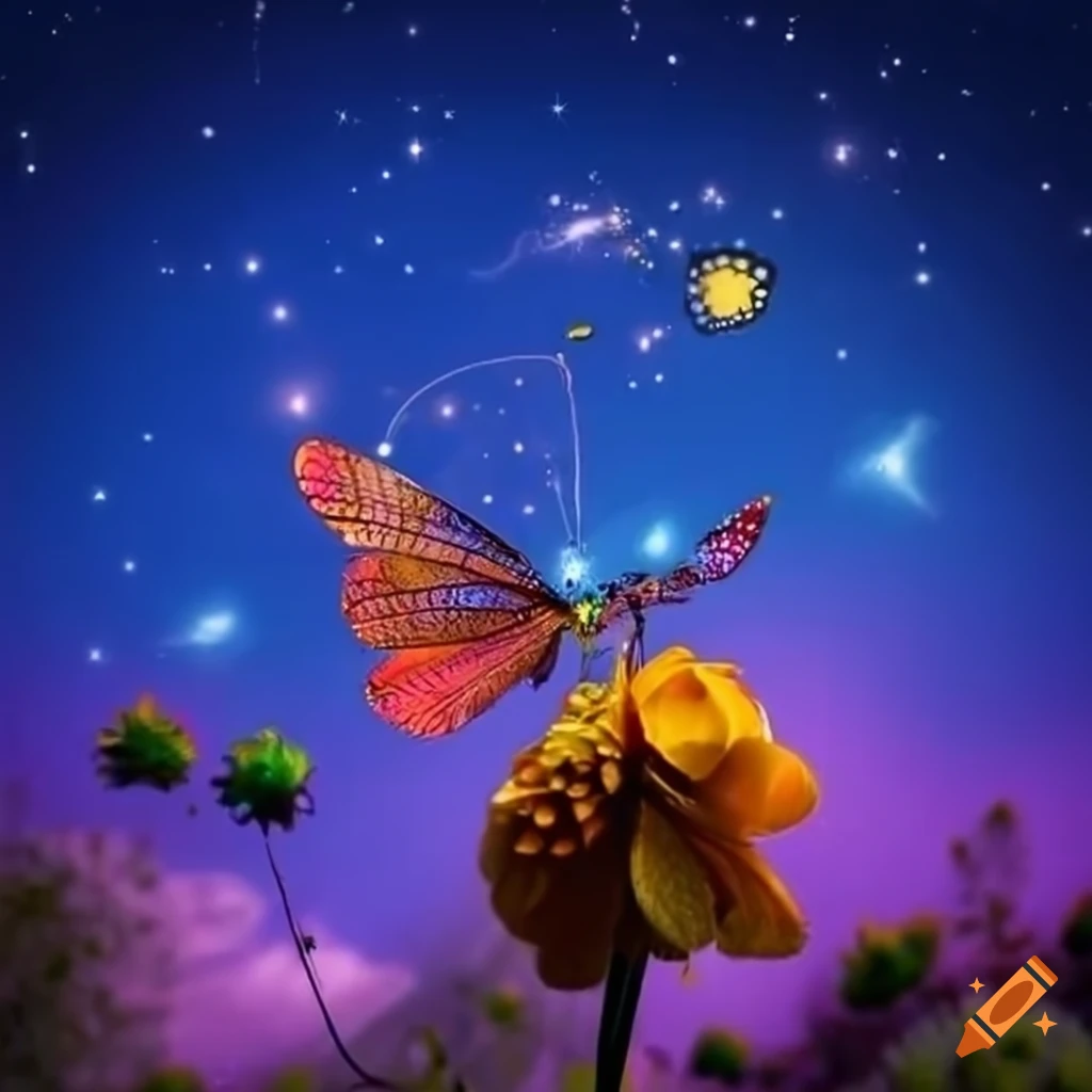 Colorful butterflies and dragonflies in a beautiful garden under the constellations Sagittarius and Libra