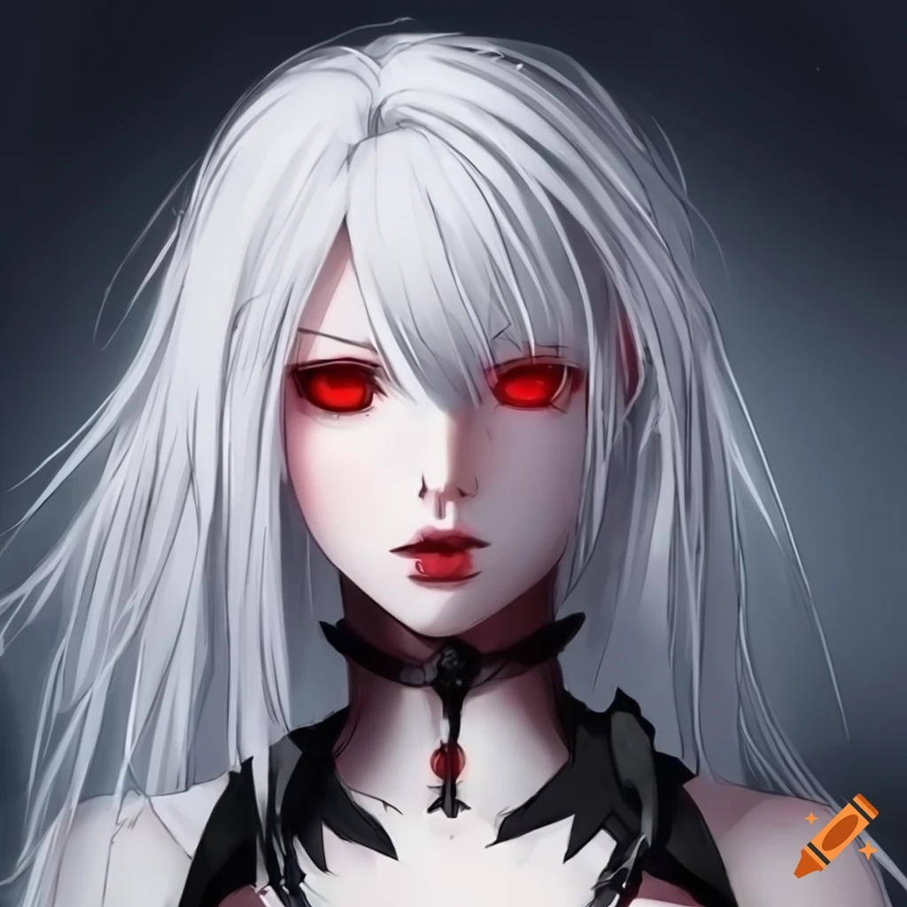 Female android with pale skin, long white hair, and red cybernetic eyes