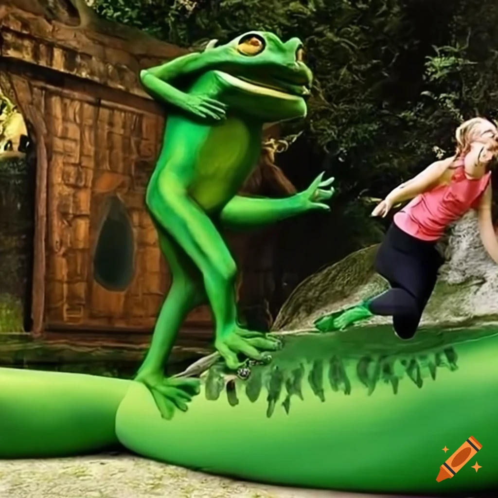 Women fleeing from giant anthropomorphic frogs