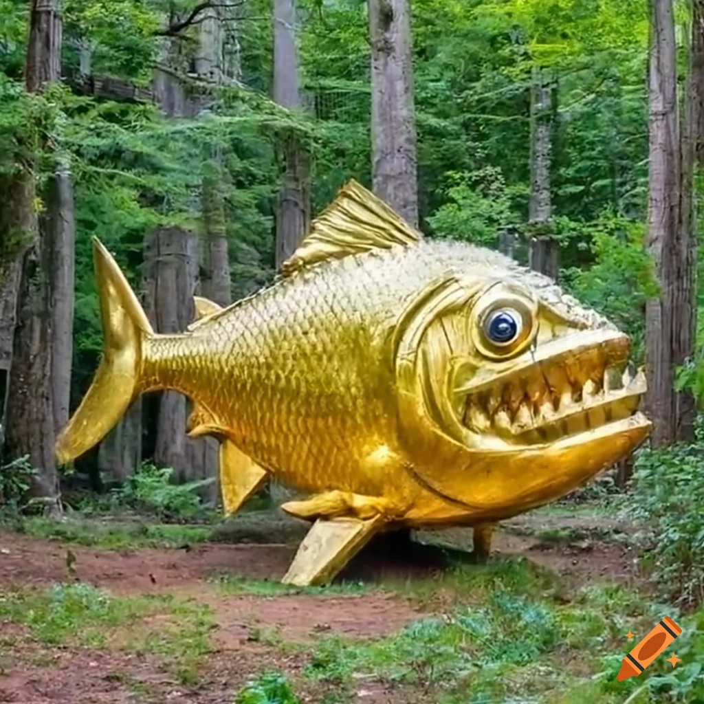 Huge golden statue of a piranha in the middle of an abandoned forest with ancient structures