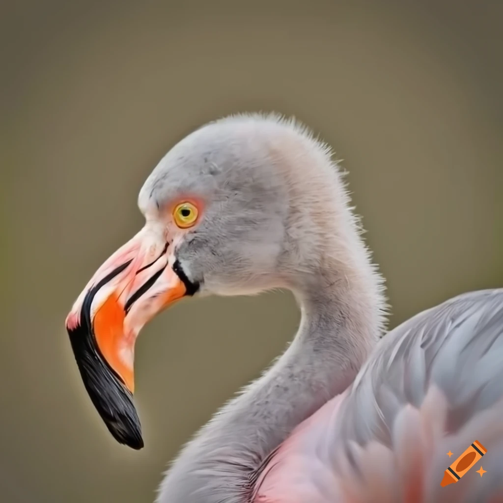 Young platinum grey flamingo with a tender expression and shivering on ...