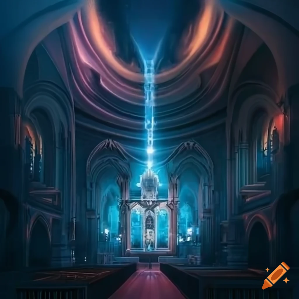 Photorealistic sci-fi cathedral with alien christian catholic church ...