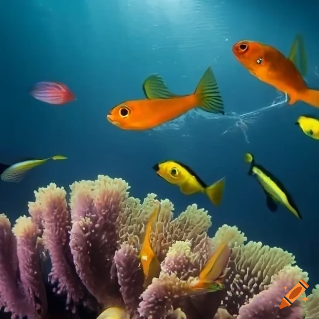 Group of vibrant exotic fish in hyper-sharp micro photorealistic ...