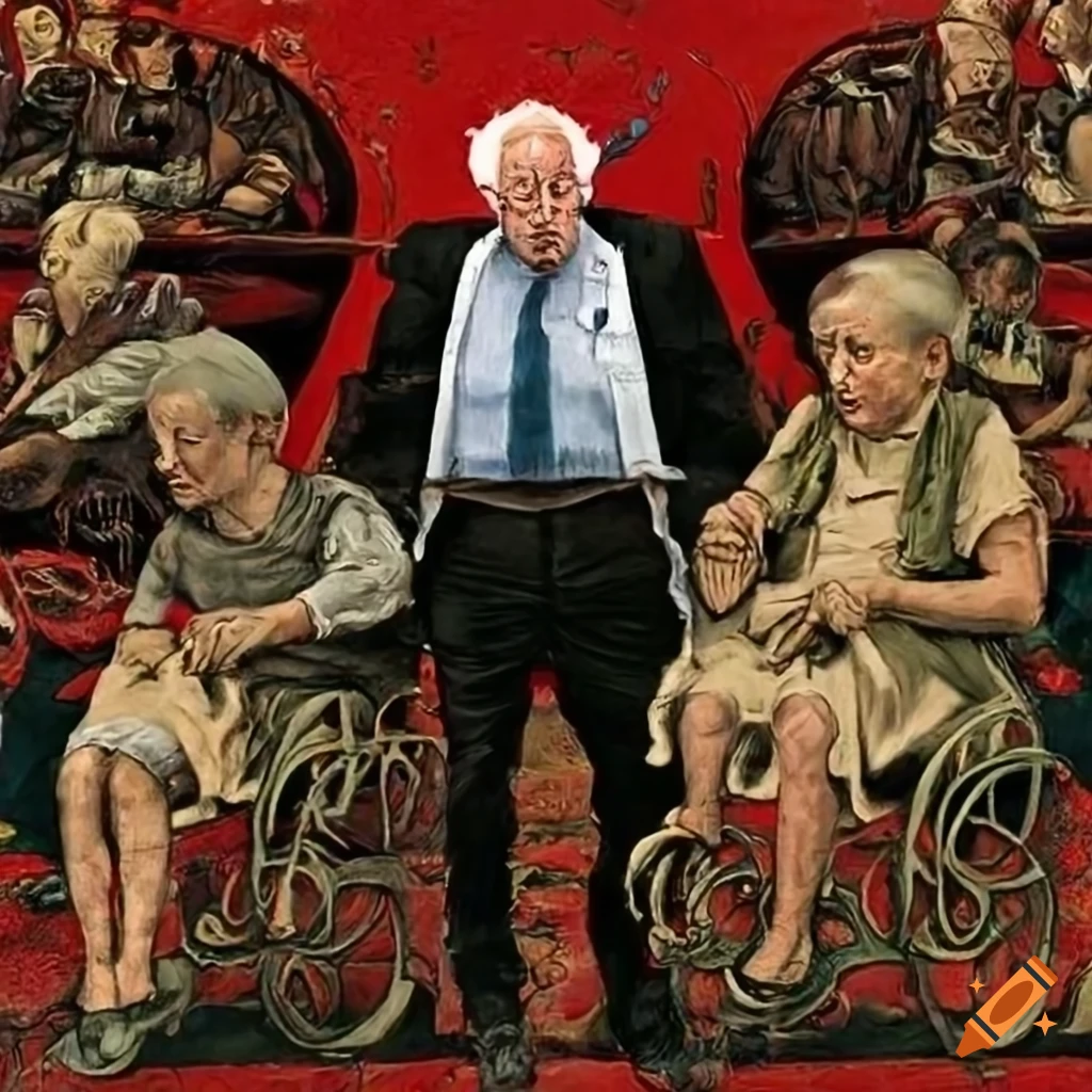 Surreal depiction of a figure surrounded by intestines and filth in a vibrant wasteland