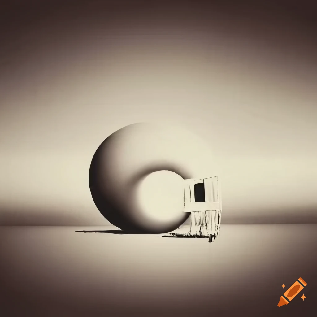 Surrealist black and white graphic art with rooms, windows, and strange forms