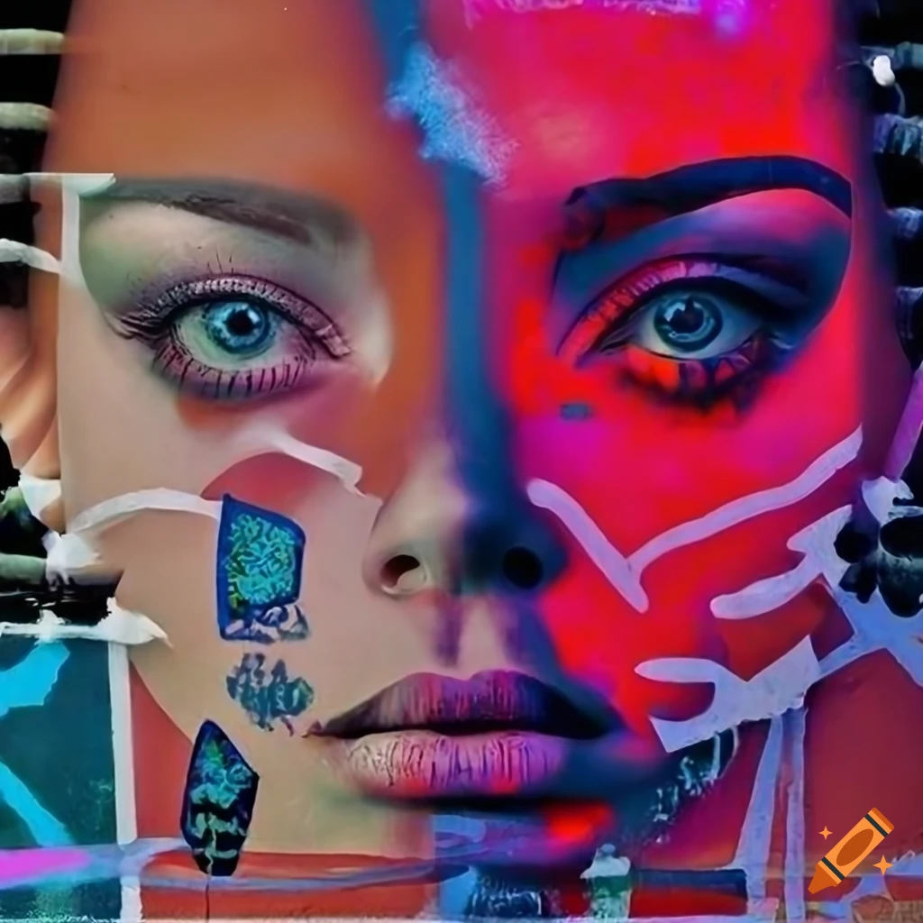 Graffiti and grunge wall with unique posters and vogue models on Craiyon