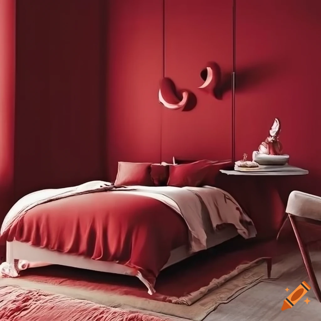 Cozy deep red colored bedroom on Craiyon