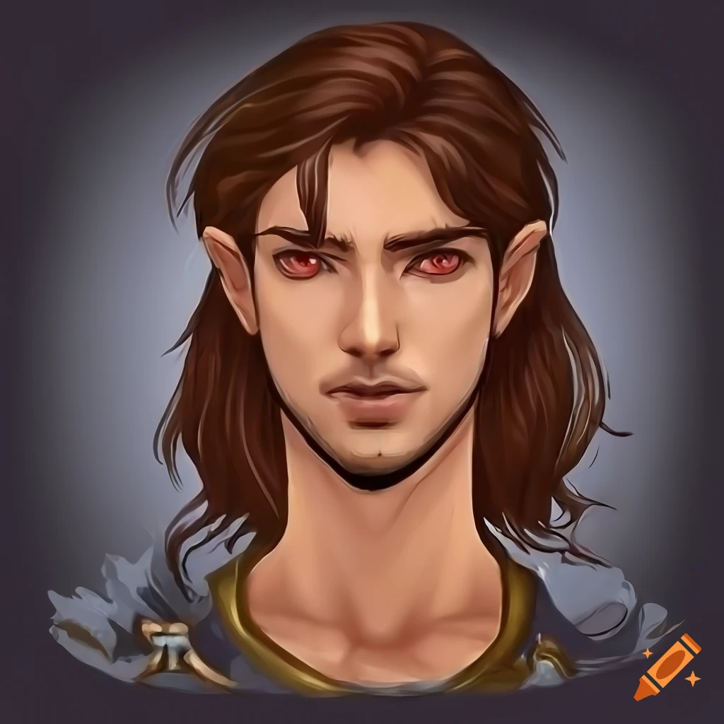 Handsome aasimar bard with light red eyes and brown hair in a realistic