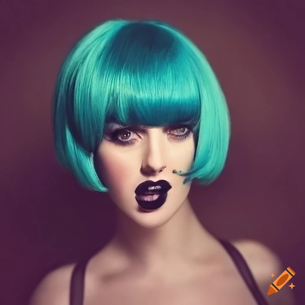 Rockabilly woman with teal bob hair and open mouth selfie on Craiyon