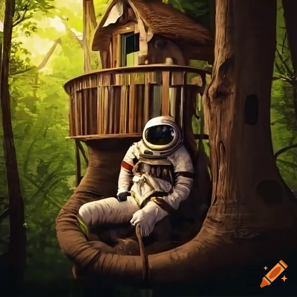 Astronauts sitting in a treehouse