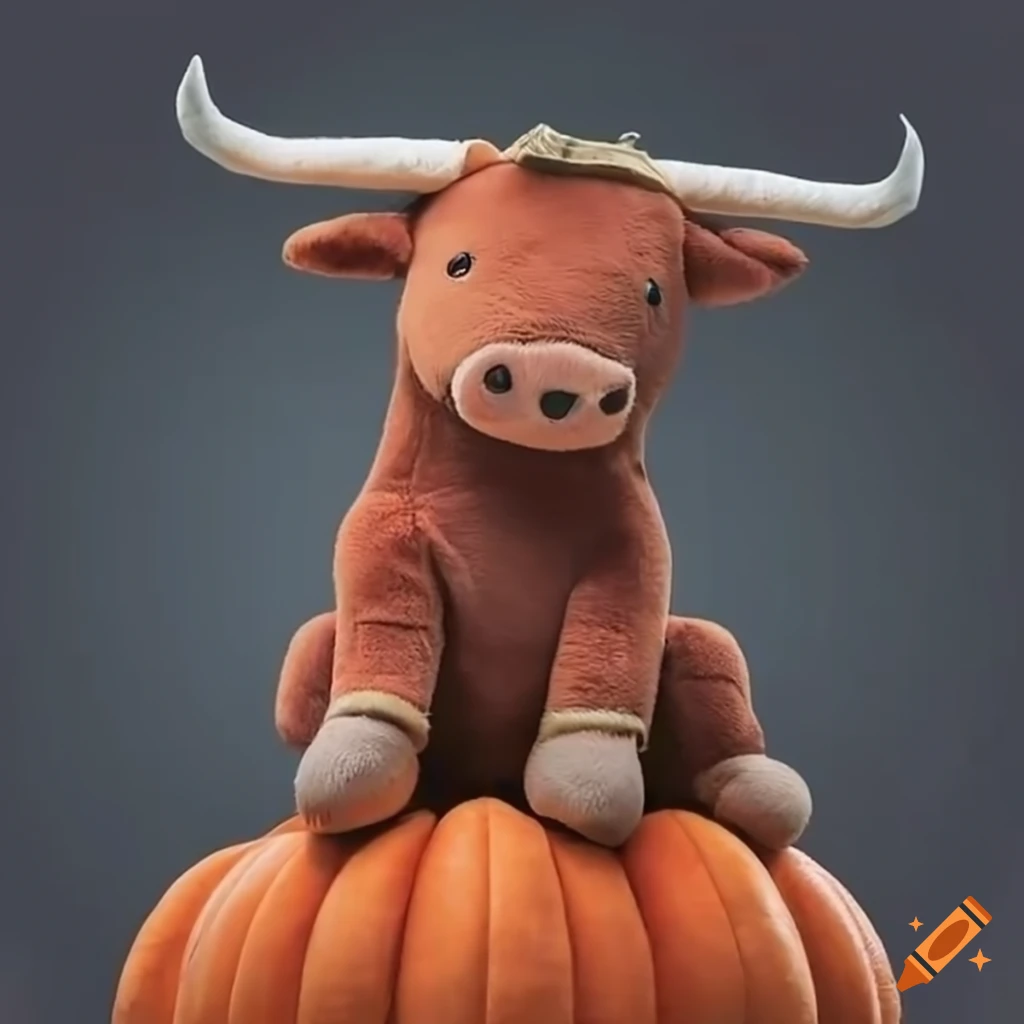 Large plush bull sitting on top of a large pumpkin