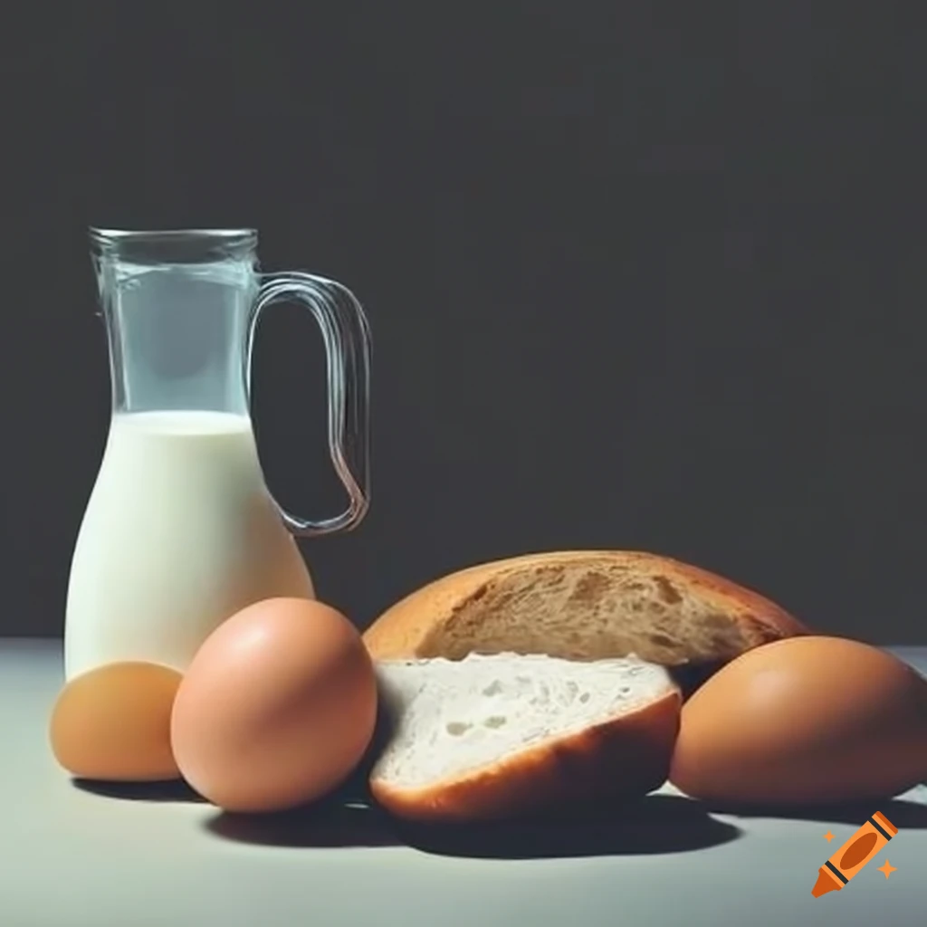 Milk, eggs, and bread on a table