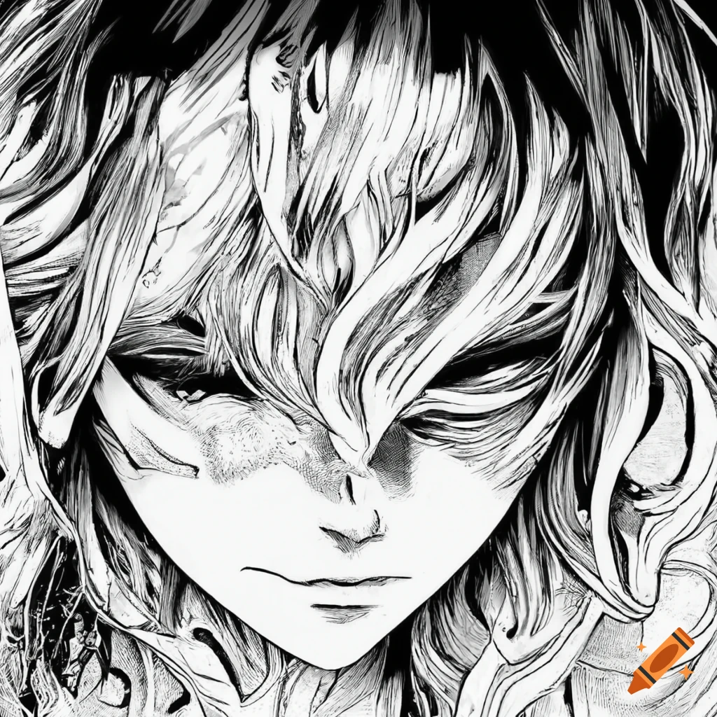 Highly detailed black and white manga panel with sharp outlines on Craiyon