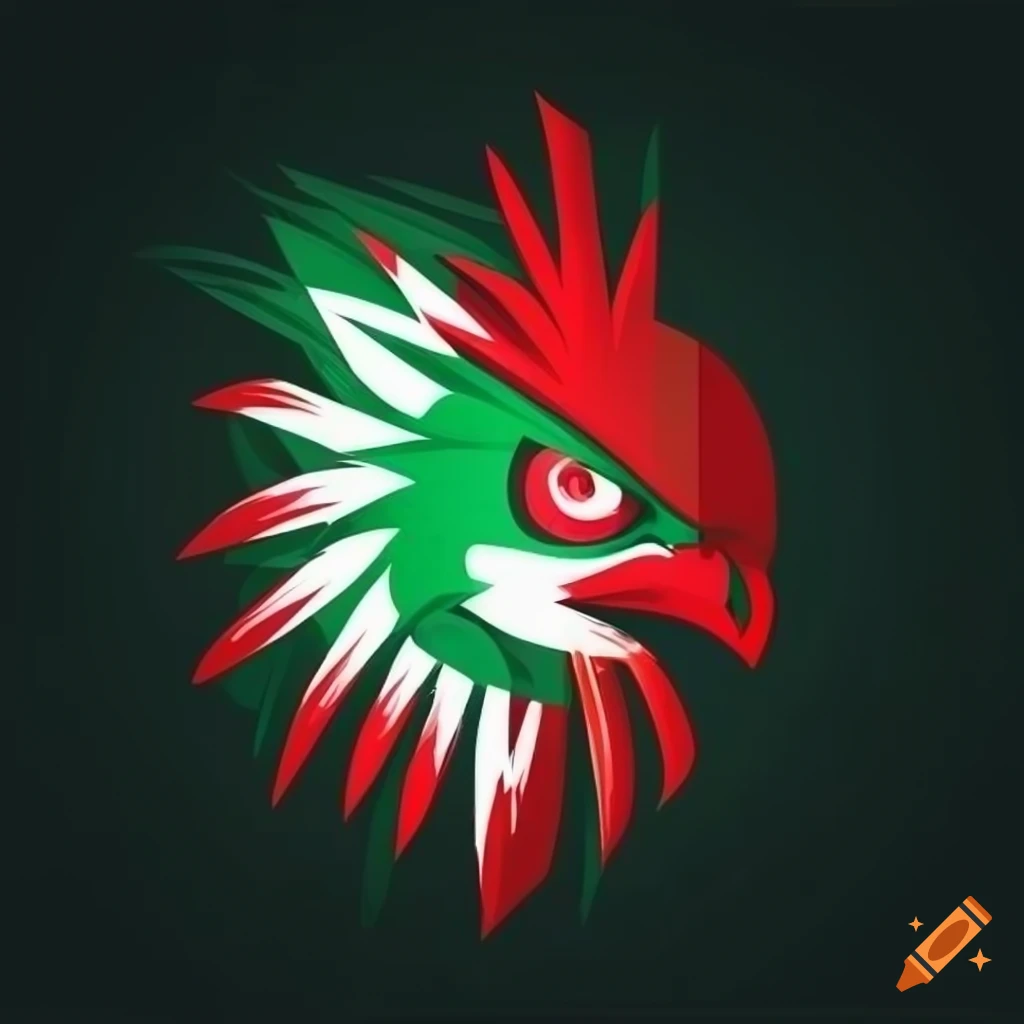 Modern red, green, and white logo with abstract Aztec eagle head design