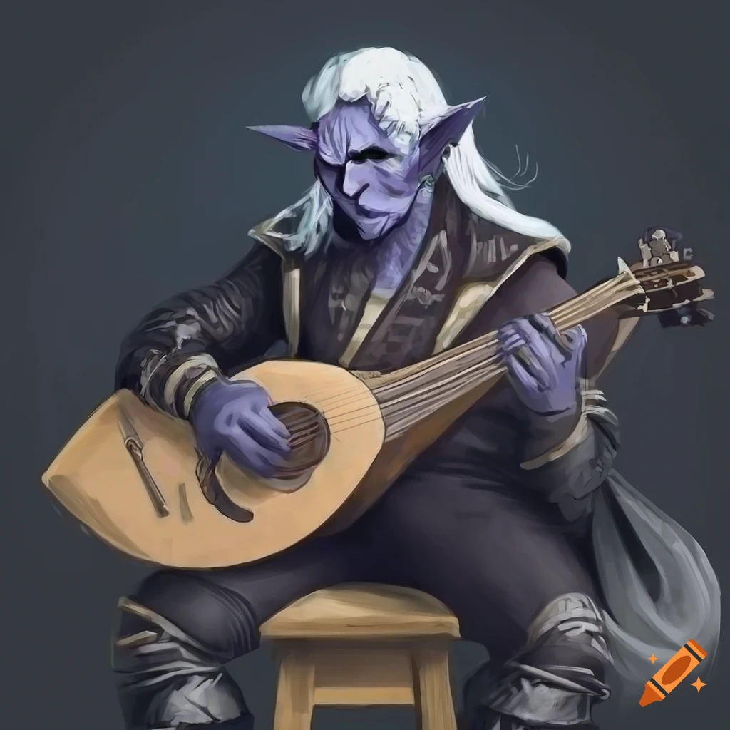 Male drow bard playing a lute in a dark room