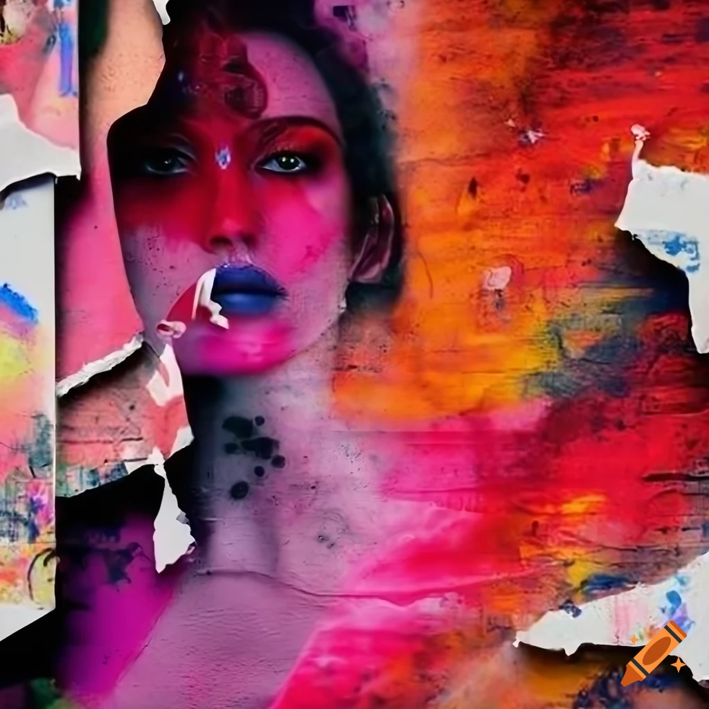 Graffiti and grunge wall with unique posters and vogue models on Craiyon