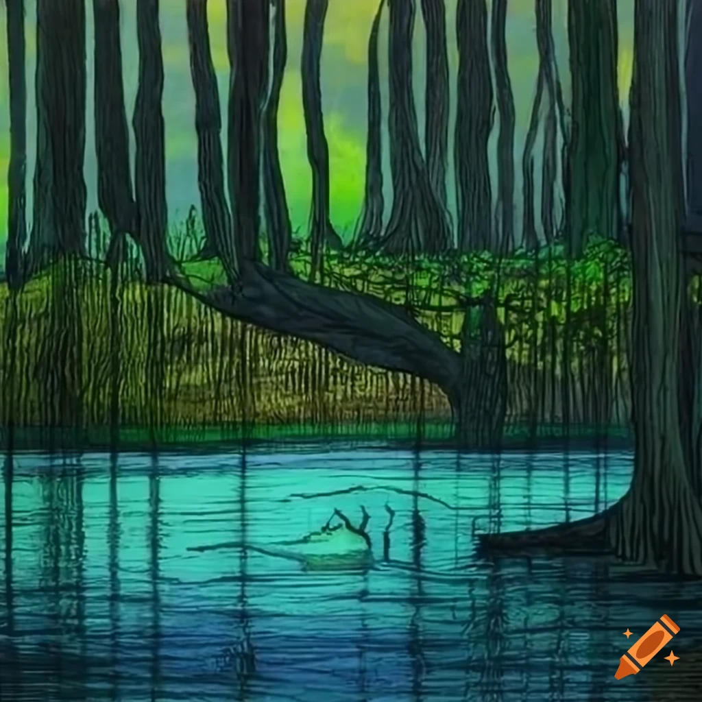 Enchanted saltwater mountain lake surrounded by eerie forest during ...