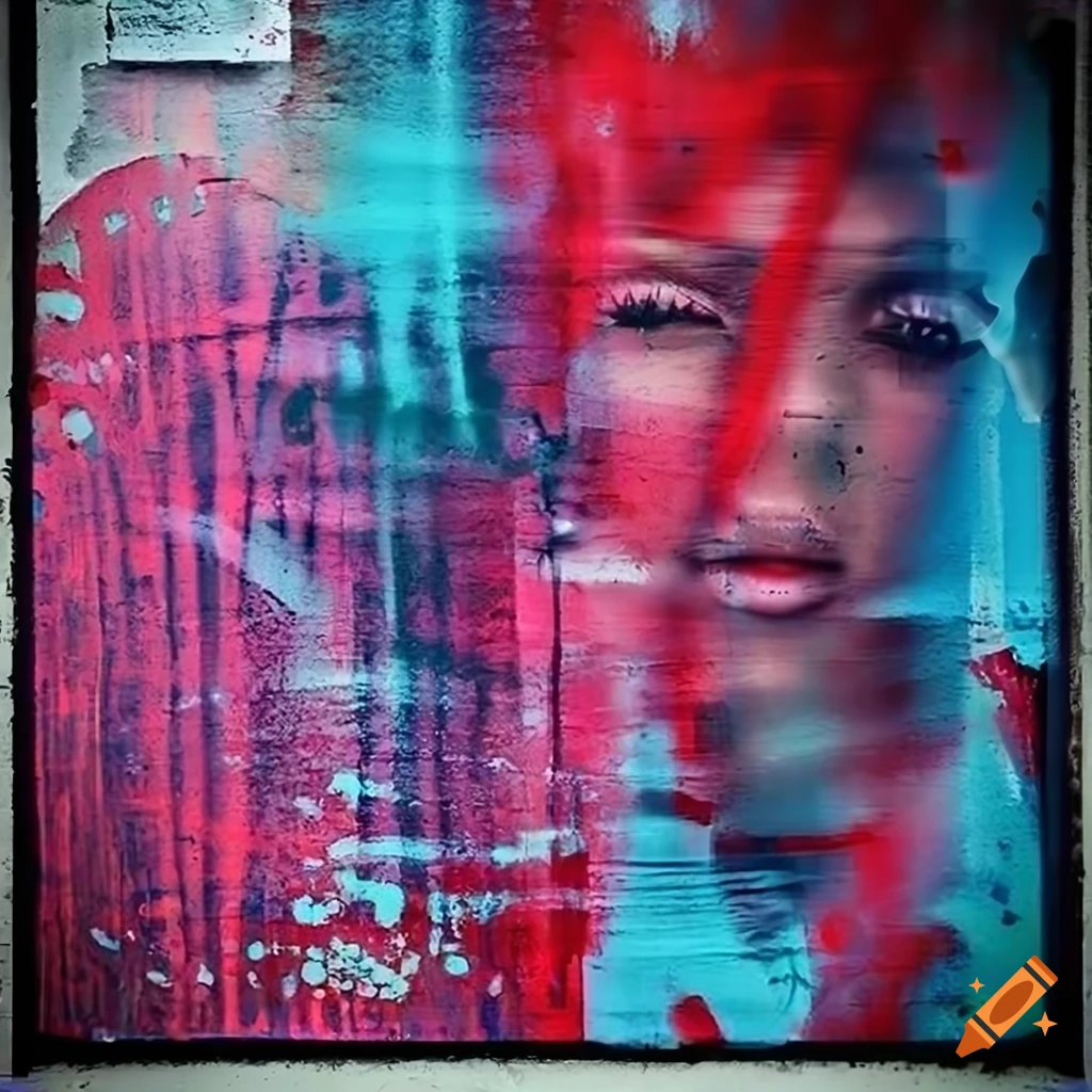 Closeup of graffiti and grunge wall with unique posters and vogue