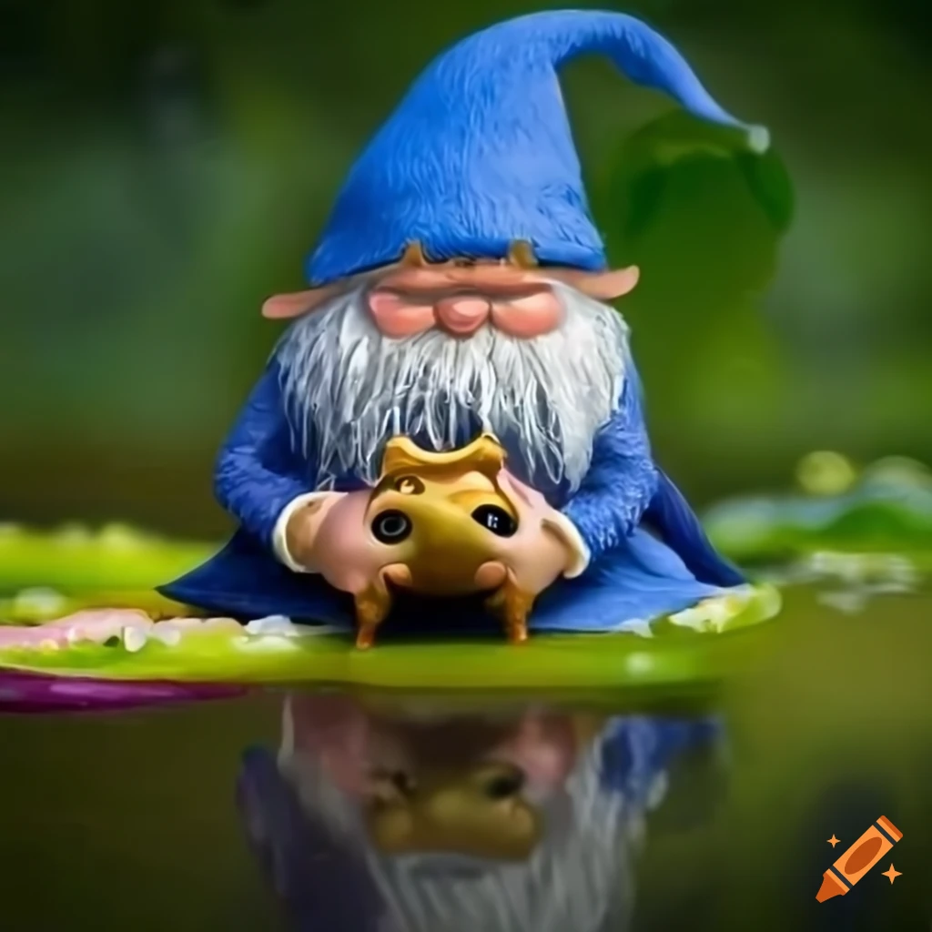 Sad looking gnome wizard sitting in a pond with a frog on a lily pad during a rain shower