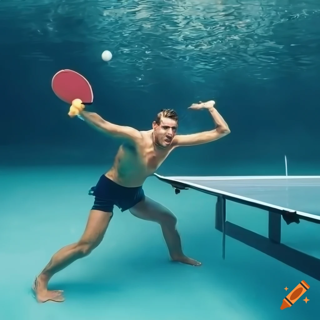 Table tennis table under water in a swimming pool, man serving a ball