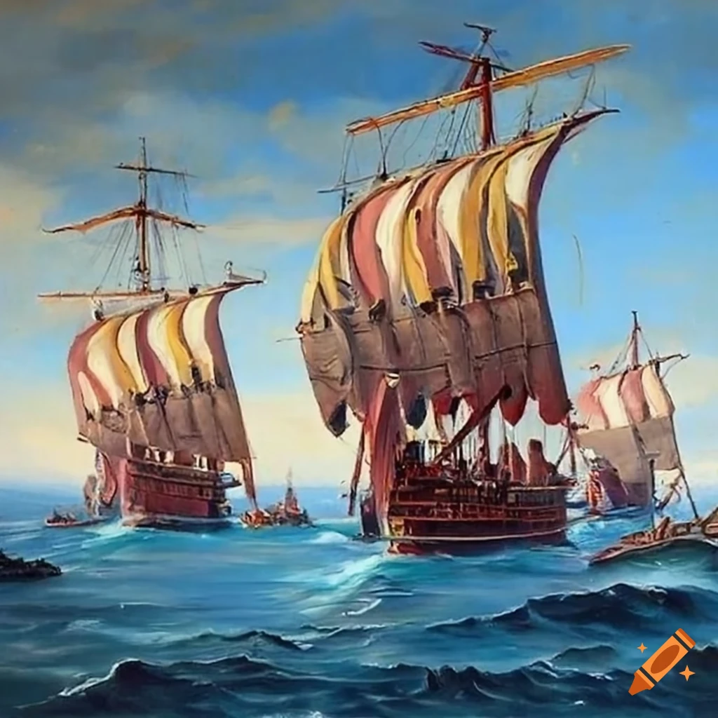 three-roman-warships-sailing-towards-undiscovered-land-on-craiyon