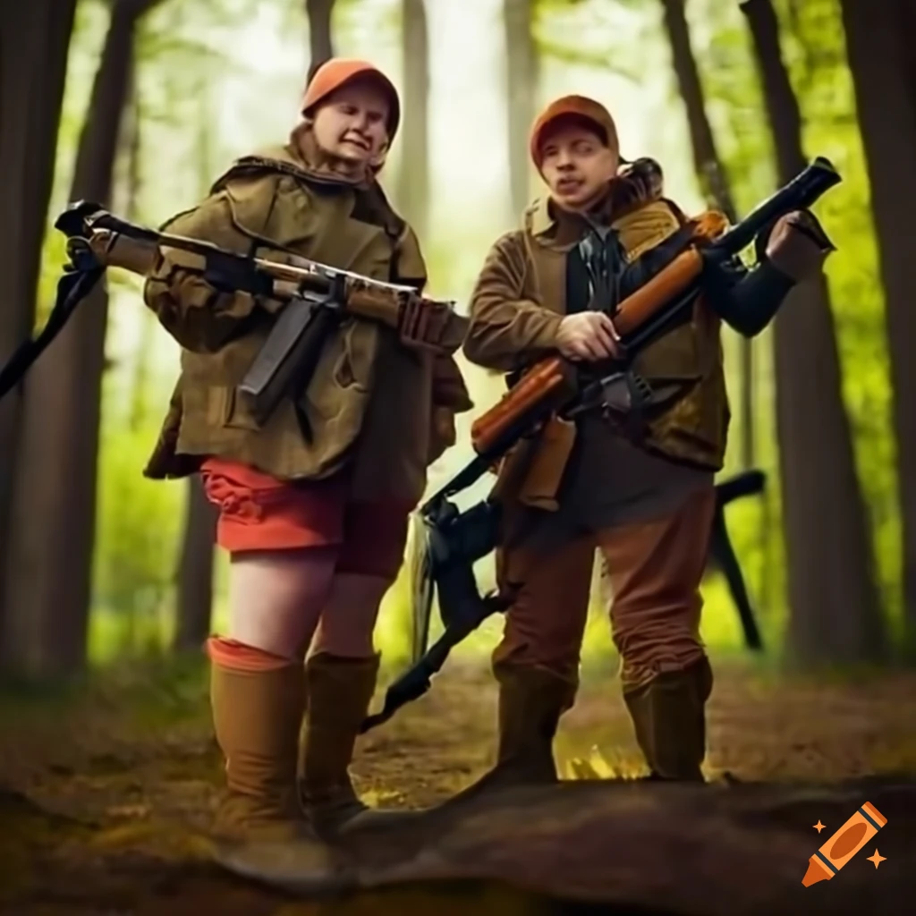 Two young hunters with rifles in the forest