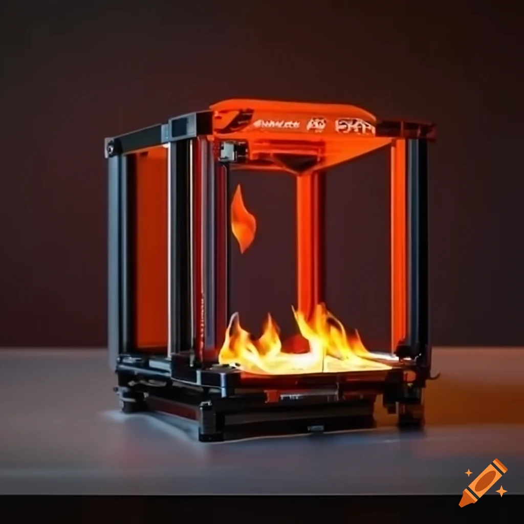 3d printer with a small fire on the print bed on Craiyon