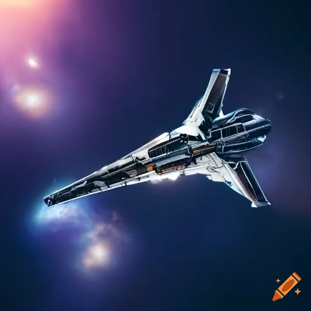 Spaceship from the hitchhiker's guide to the galaxy flying in space