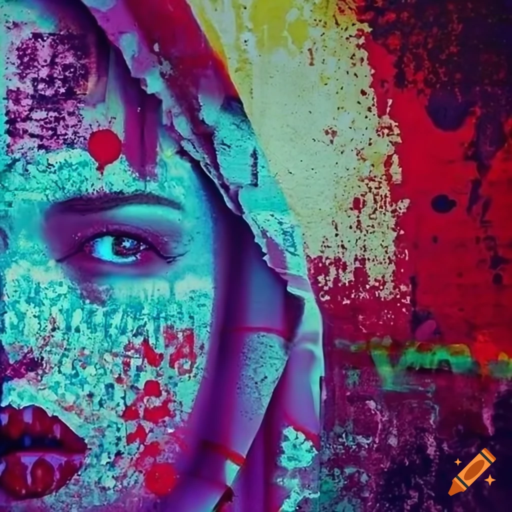 Graffiti and grunge wall with unique posters and vogue models on Craiyon