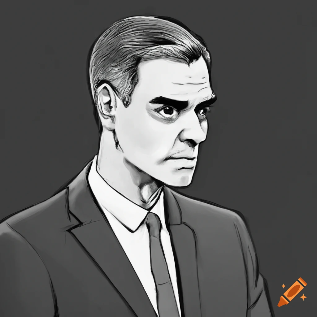 Caricature of pedro sánchez with dramatic expression in black and white