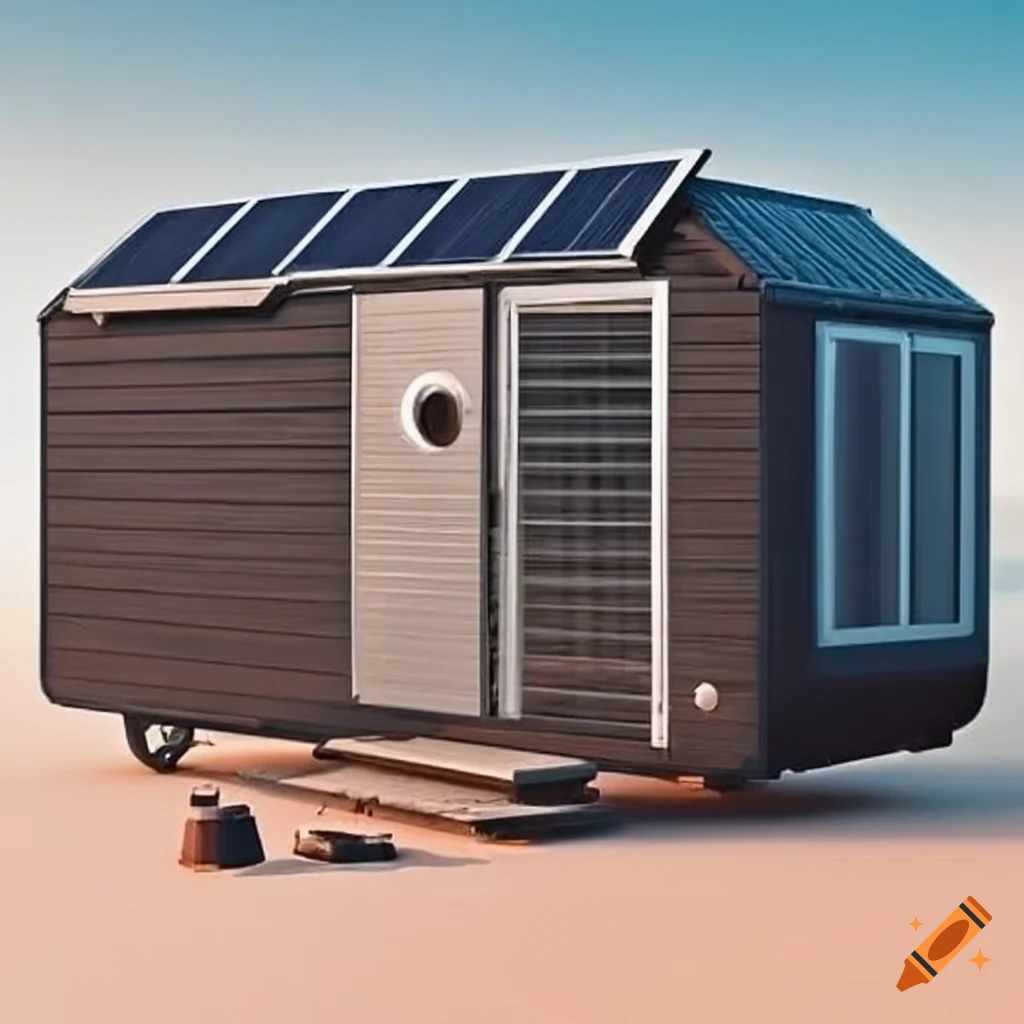 House trailer with solar panel and heat pump