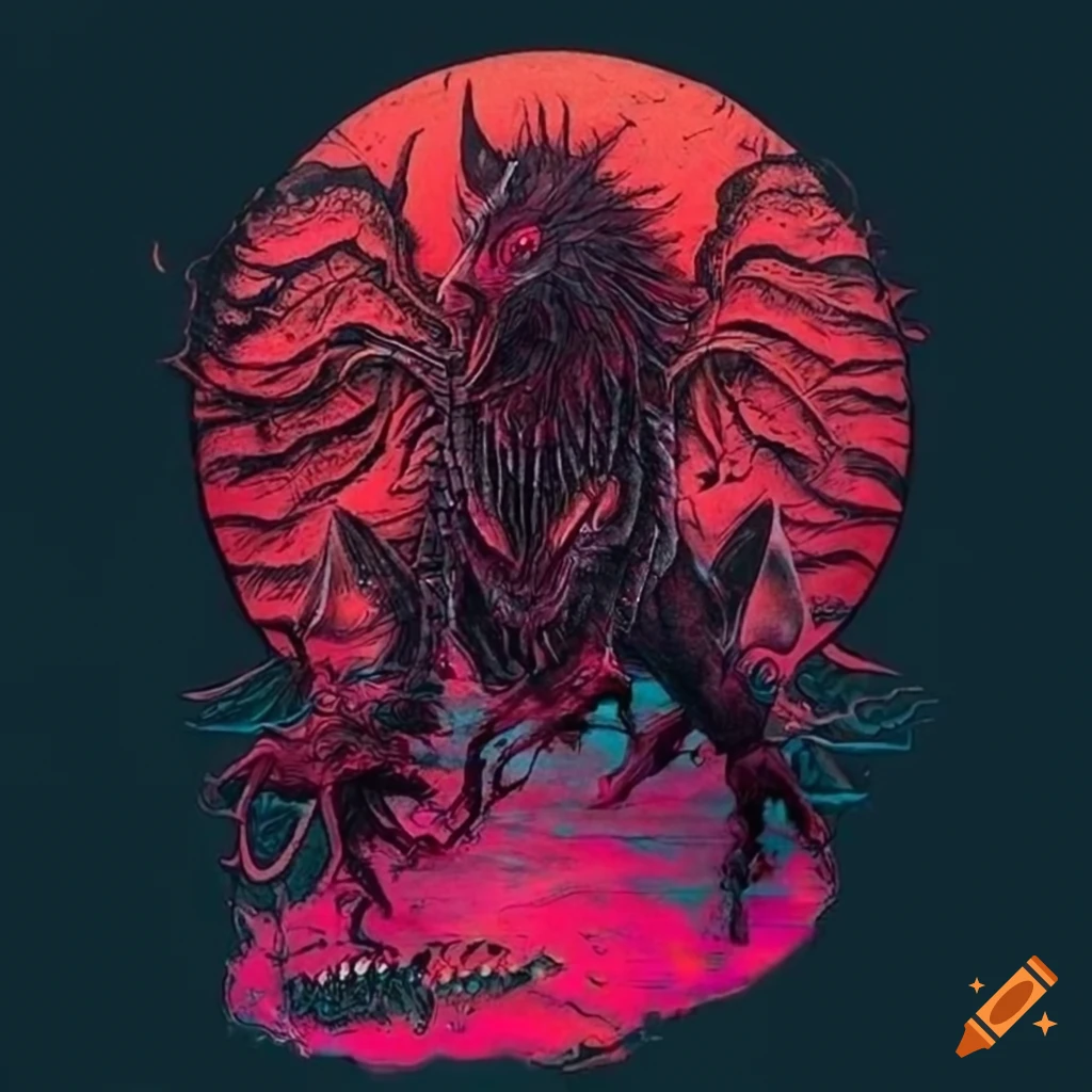 Black and red mythical creature design on metalcore band t-shirt