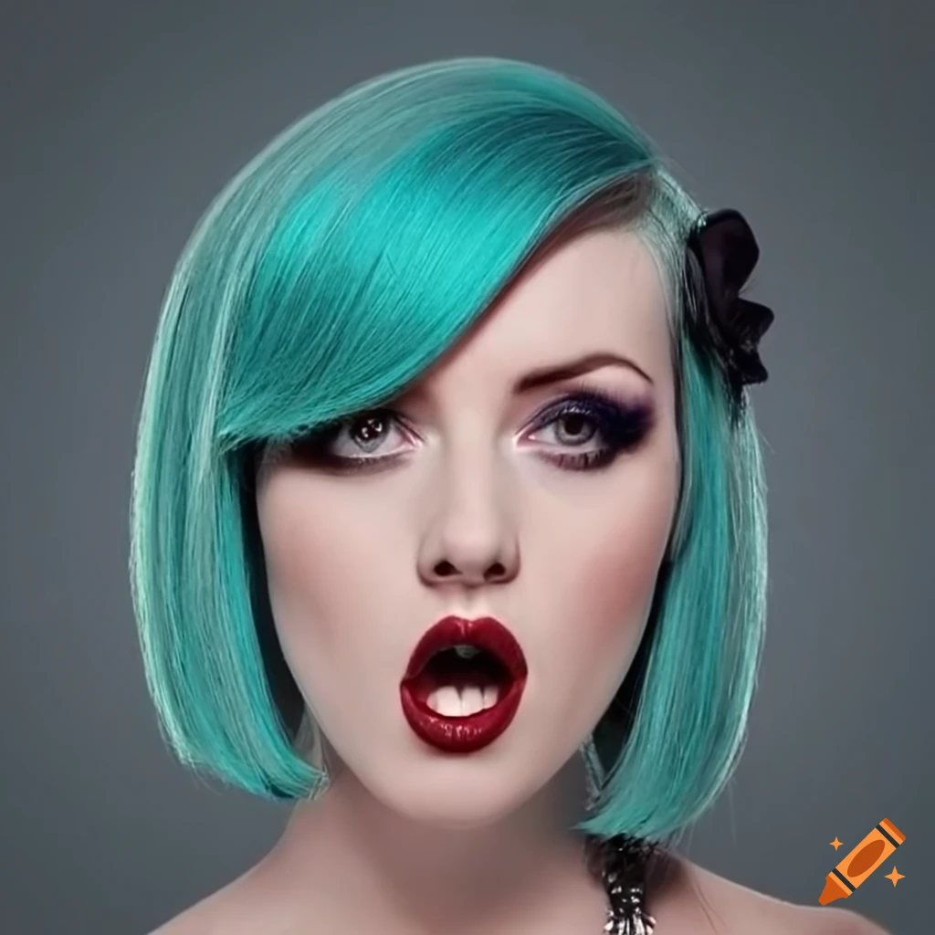 Rockabilly woman with teal bob hair and open mouth scream face on Craiyon