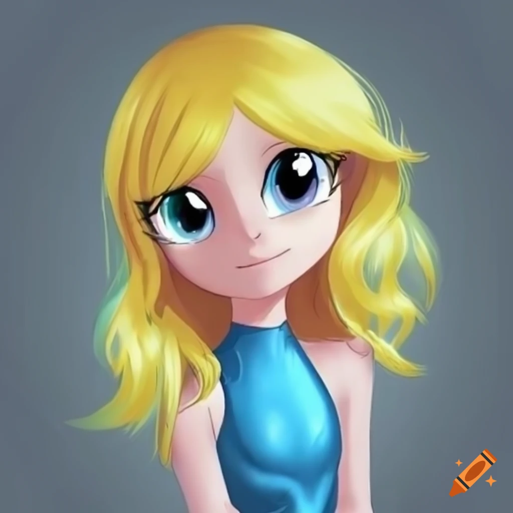 Cartoon character with yellow hair and blue leotard on Craiyon