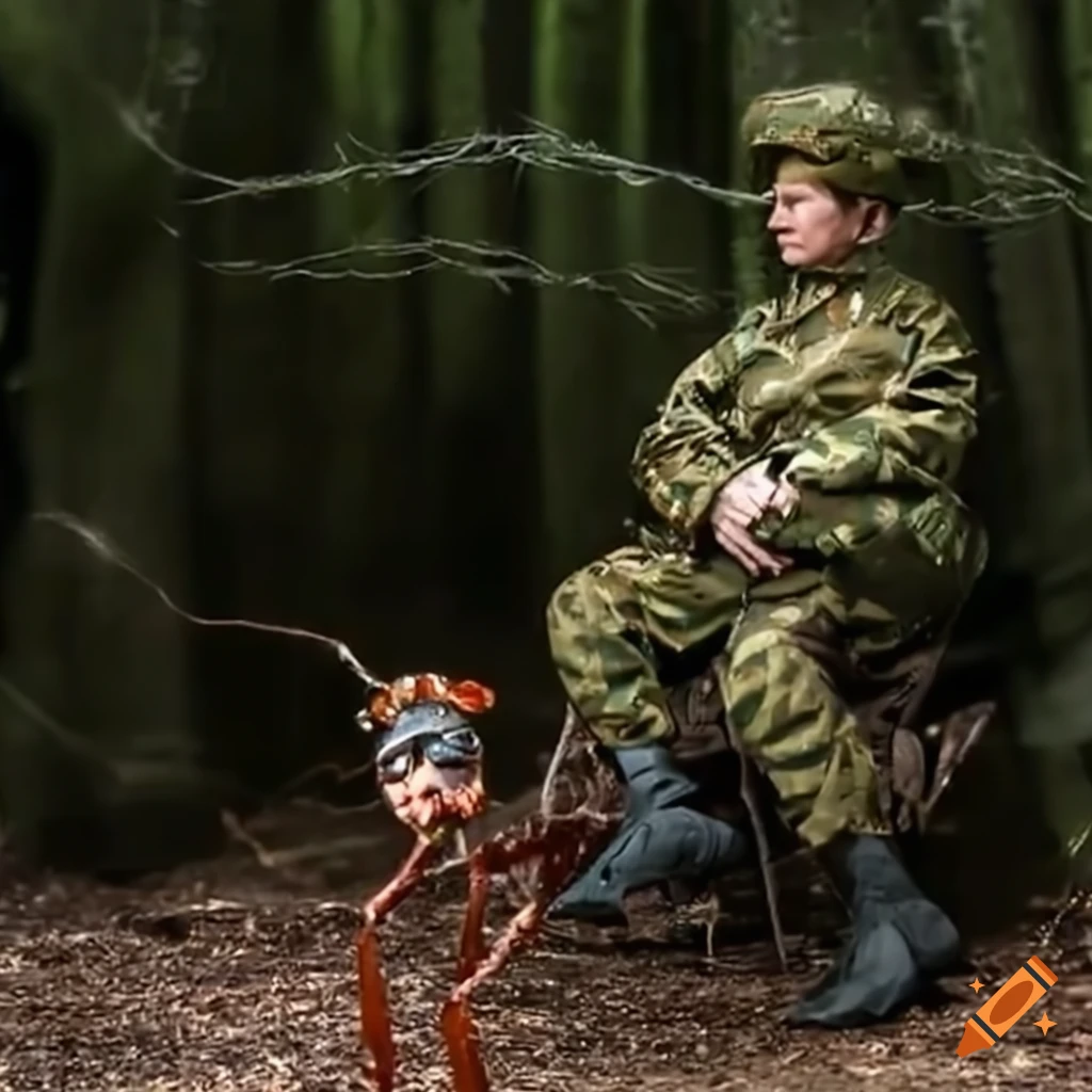 Satirical illustration of putin riding an ant in military attire on Craiyon
