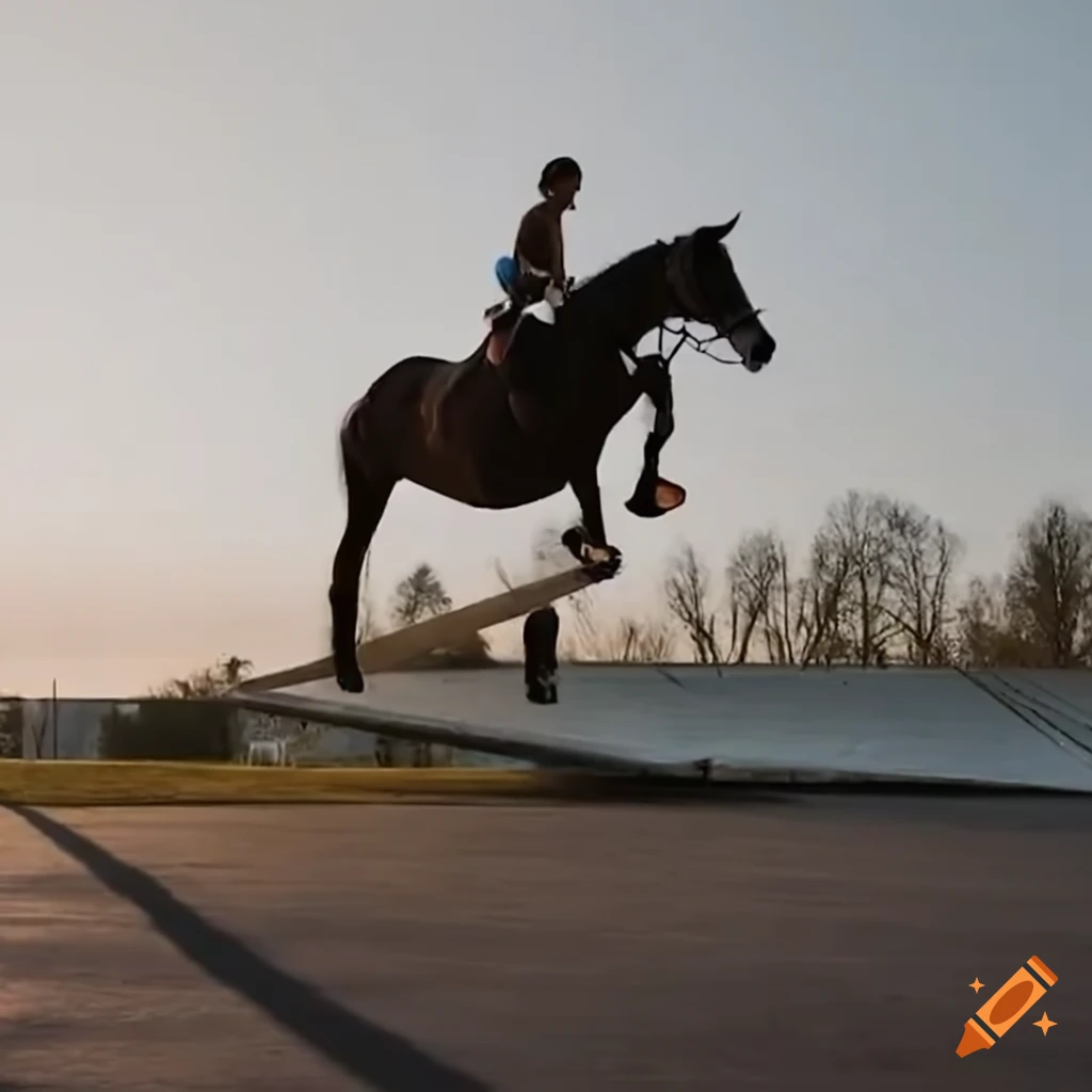 Man riding a horse off a ramp