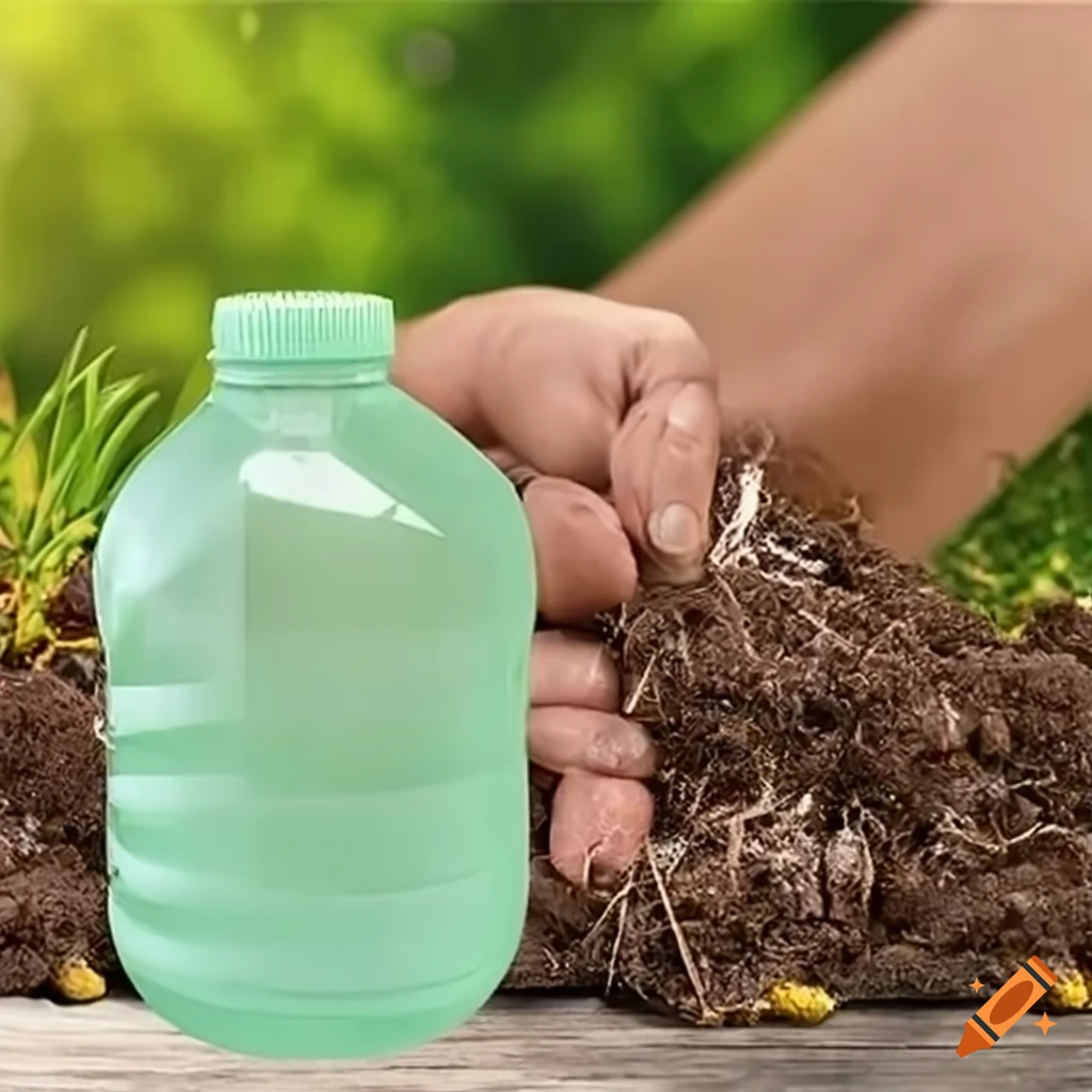 Compostable plastic bottle in a home compost on Craiyon