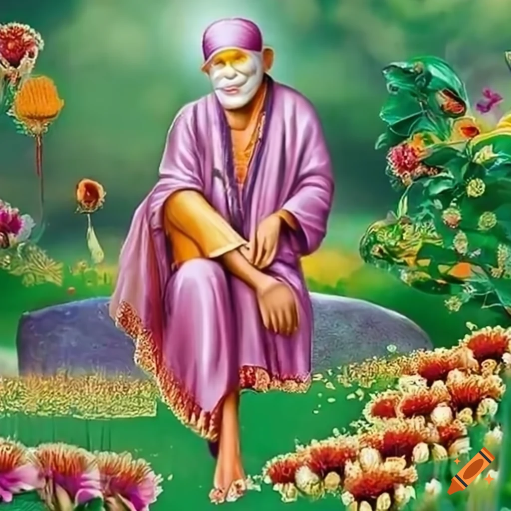 Beautiful flower garden with an image of sai baba statue on Craiyon