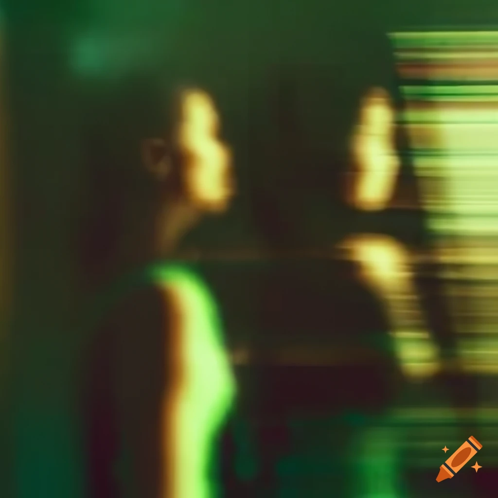 Double exposure of blurry silhouettes of twin women with grunge textures and 80s lighting