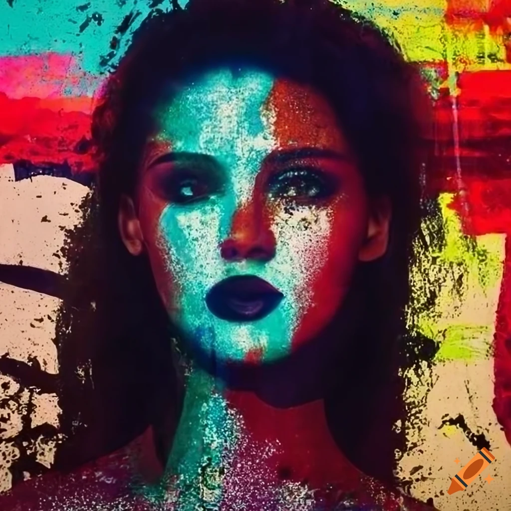 Closeup of graffiti and grunge wall with unique posters and vogue