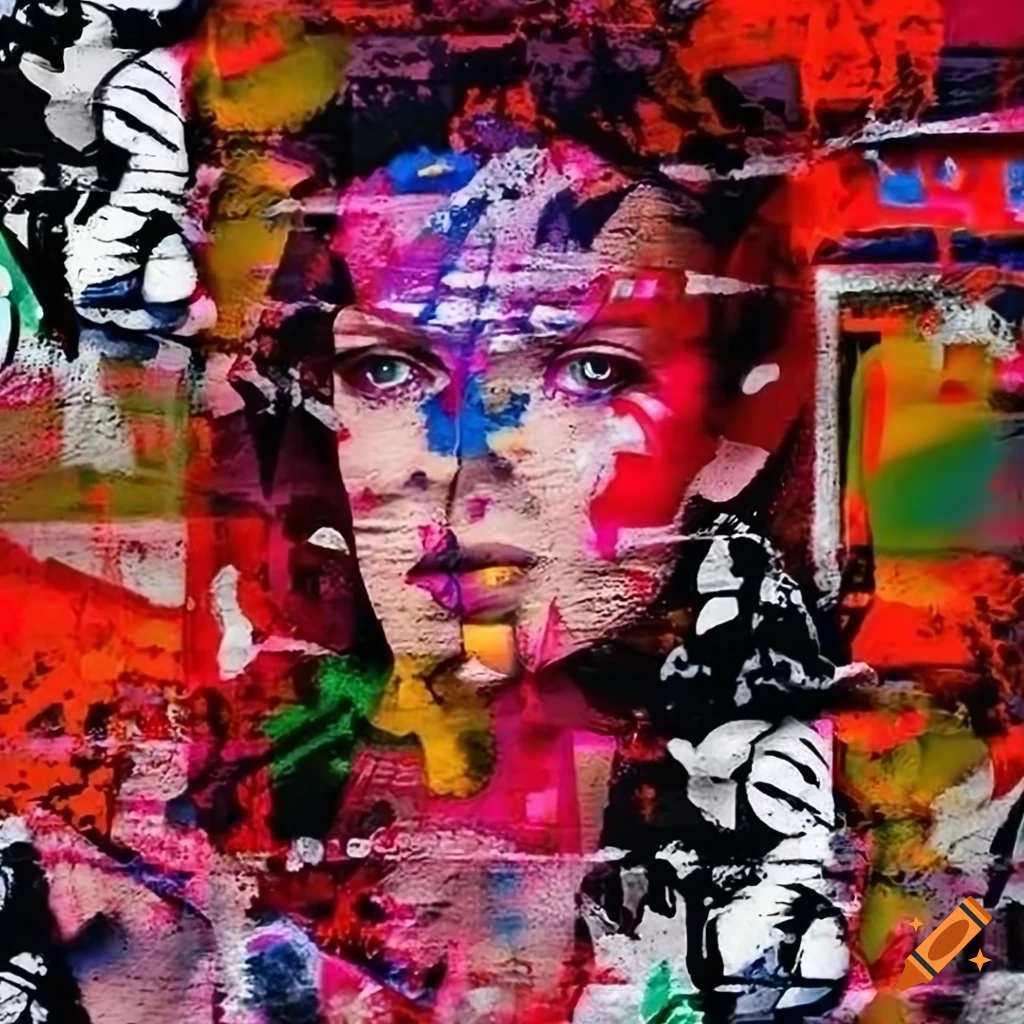 Graffiti and grunge wall with unique posters and vogue models in 4k