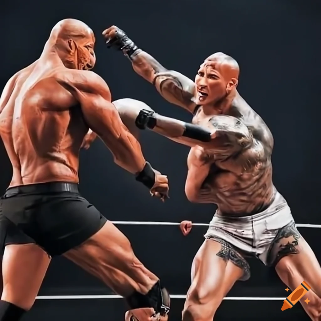 Ellen degeneres and dwayne johnson in a comedic fight scene on Craiyon